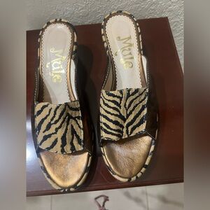 Zebra Print and Bronze Slip-On Wedge Sandals with Fuzzy Texture